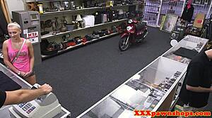 Petite amateur sucks cock in hidden pawnshop POV