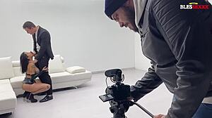 Casual narrative of Valeria Valois and Jimmy Bud in steamy porn backstage