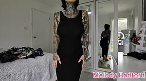 Melody Radford tries on sheer black lingerie and gym tights