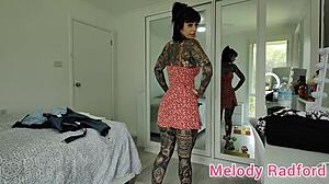 Melody Radford tries on sheer black lingerie and gym tights