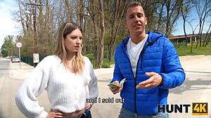 An old couple bets on a big cock where the husband watches his wife blow and get fucked doggystyle by a monster cock in POV.