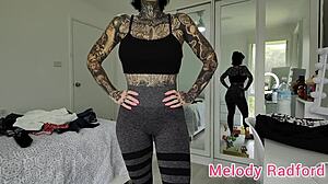 Melody Radford tries on sheer black lingerie and gym tights