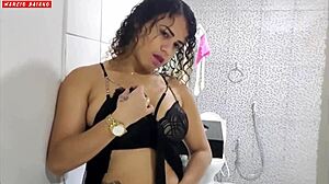 While I jerk off, my brunette watches, wanting to fuck.