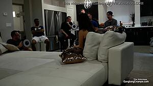 That tiny spinner is having a very sexy gangbang with big cocks and cum.