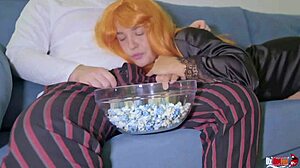 Stepmom sneaks a deepthroat while we watch a movie, then rides me to finish inside her