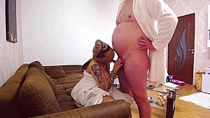 Blind big tits crave banana, but he demands blowjob!