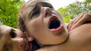 He fucks his stepsister passionately in the bushes.