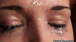 Flirty honey sucks jizz for facial.