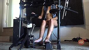 Blonde Model Pumps Drummer Pedal With Barefoot Toes