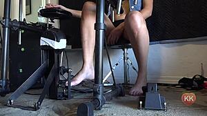 Blonde Model Pumps Drummer Pedal With Barefoot Toes