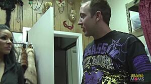 Look at this dark-haired milf stripping down and riding that dick right on the couch, moaning loudly.