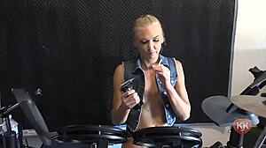 Blonde Model Pumps Drummer Pedal With Barefoot Toes