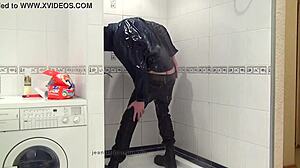 the master in blue jeans washing his feet in the bath 😏