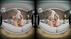 Solo Blonde Kira Teases Cock with Vibrator in VR Scene