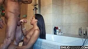 Amateur pornstar bends over for monster cock fucking hard in bathroom, cum in mouth