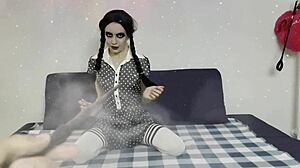 Blue-Eyed Goth Pornstar Teases, Masturbates, and Roughly Fucks Amateur Couple to Squirting Orgasm at Halloween