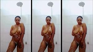 Huge-Titted Black Cutie Showers, Revealing Natural Tits