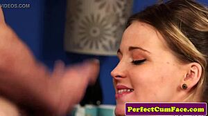 Busty English Babe in Lingerie Receives Facial Cumshot and Swallows It All