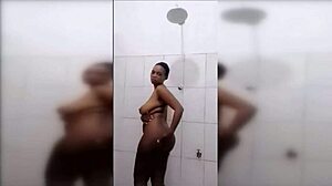 Huge-Titted Black Cutie Showers, Revealing Natural Tits