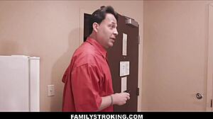 brunette teen stepdaughter blows father-in-law as his prostitute