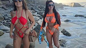 two hot girls seduce on beach with sunscreen trick