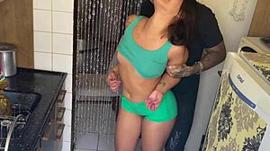 brunette maid fucked in missionary, doggystyle, and creampie hidden from parents