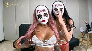 Colombian and black lesbians in halloween costumes at a party, oiled big asses, masked amateurs with Mariana Martix