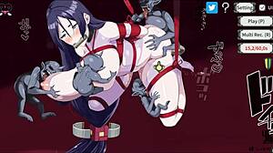 In a hentai game, a bound woman faces gangbang by four goblins in ep 1.