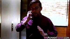 petite brunette teen gives blowjob, gets rough facial in hd