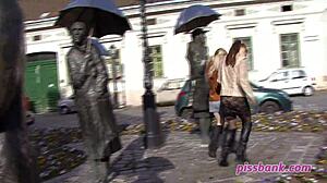 Extreme public squirting outdoors in daring display