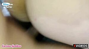 Watch this curious nymphet slut wife with small tits and big ass using dildo for masturbation while licking feet and getting her hairy pussy fucked doggystyle