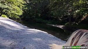 teen riley stars sweet pussy receives an outdoor fuck with cowgirl and facial.