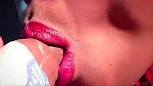 Slender Brazilian babe Luna C fingers her natural tits during Christmas masturbation