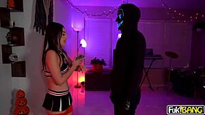 violet gems rides cowgirl on halloween party with big tits and facial cumshot