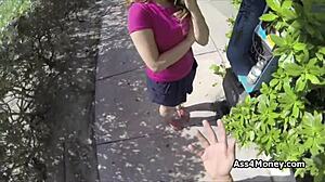 Broke teen 18+ transitions from payphone to sucking cock outdoors in pov