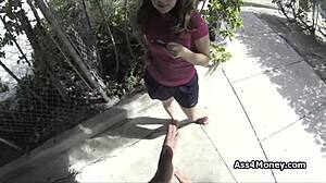 Broke teen 18+ transitions from payphone to sucking cock outdoors in pov