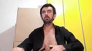 Sexy striptease ripping clothes to reveal huge 25cm cock squirting