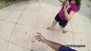 Broke teen 18+ transitions from payphone to sucking cock outdoors in pov