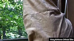 Costumed Blonde Vicky Vette Drills Holes with Toys Outdoors