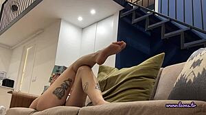 yo, check my dirty feet in this tiny thong, just a t-shirt on, teasing with my legs and pussy at home, wanna see more?