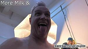 Milf babe lactating while sucking dick and fucking tits, cum on boobs! 😍🍶