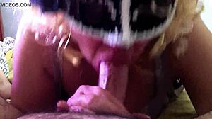 Masked Girlfriend Gives Blowjob to Friend