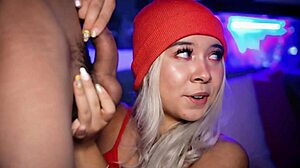 Blonde with angelic face performs oral in public webcam show