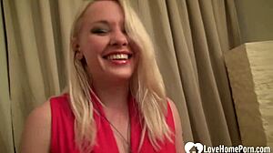 blonde strips red lingerie naked then masturbates solo 😏