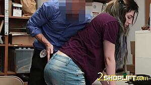 the cute babe rides the burglar's big cock in cowgirl position.