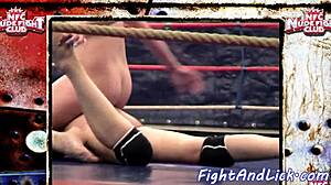 Redhead babe wrestles her lesbian opponent close-up