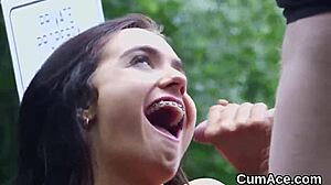 The nasty idol takes a huge cum load on her face and swallows every drop.