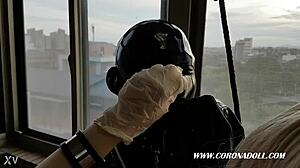 She Gets Tied Up In Rubber Mask For Outdoor Bondage Play.