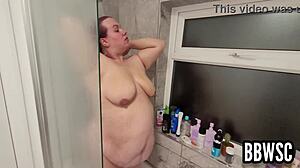 Hey, bbw showers huge tits and ass for voyeur