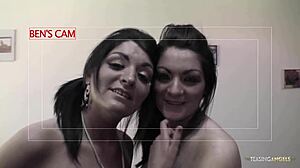 Three lucky guys bang two brunette sluts on the couch in hardcore group action!